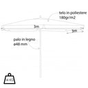 Ombrellone da Giardino 3x3 Palo Centrale Legno Top Poliestere Airvent Ecru