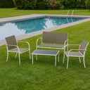 Salotto da Giardino Set Divano 2 Poltrone e Tavolino in Acciaio, Textilene e Rattan