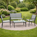 Conjunto de salón de jardín de acero y textileno, sofá, sillas y mesa