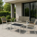 Salotto da Giardino Set Divano 2 Poltrone e Tavolino in Acciaio, Textilene e Rattan