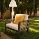 Set salotto da giardino 5 posti divano sedie con braccioli e cuscino e tavolino rettangolare design outdoor piscina terrazza patio comfort